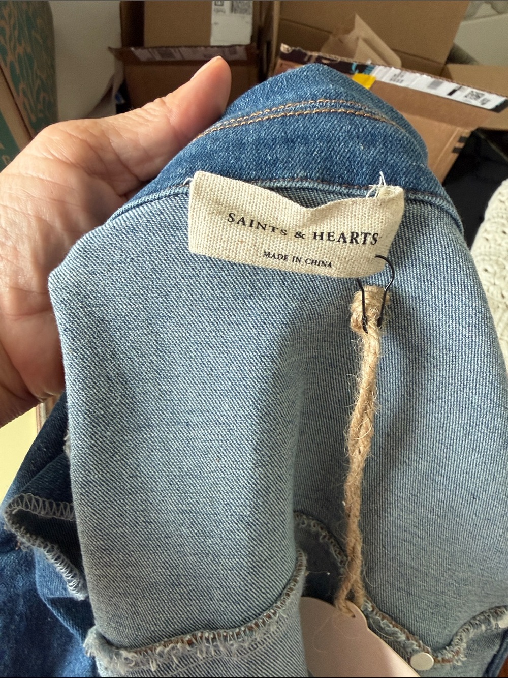 Saints & Hearts Denim Fringe Vest Jacket - Blue with Tan Fringe - Picture 5 of 6